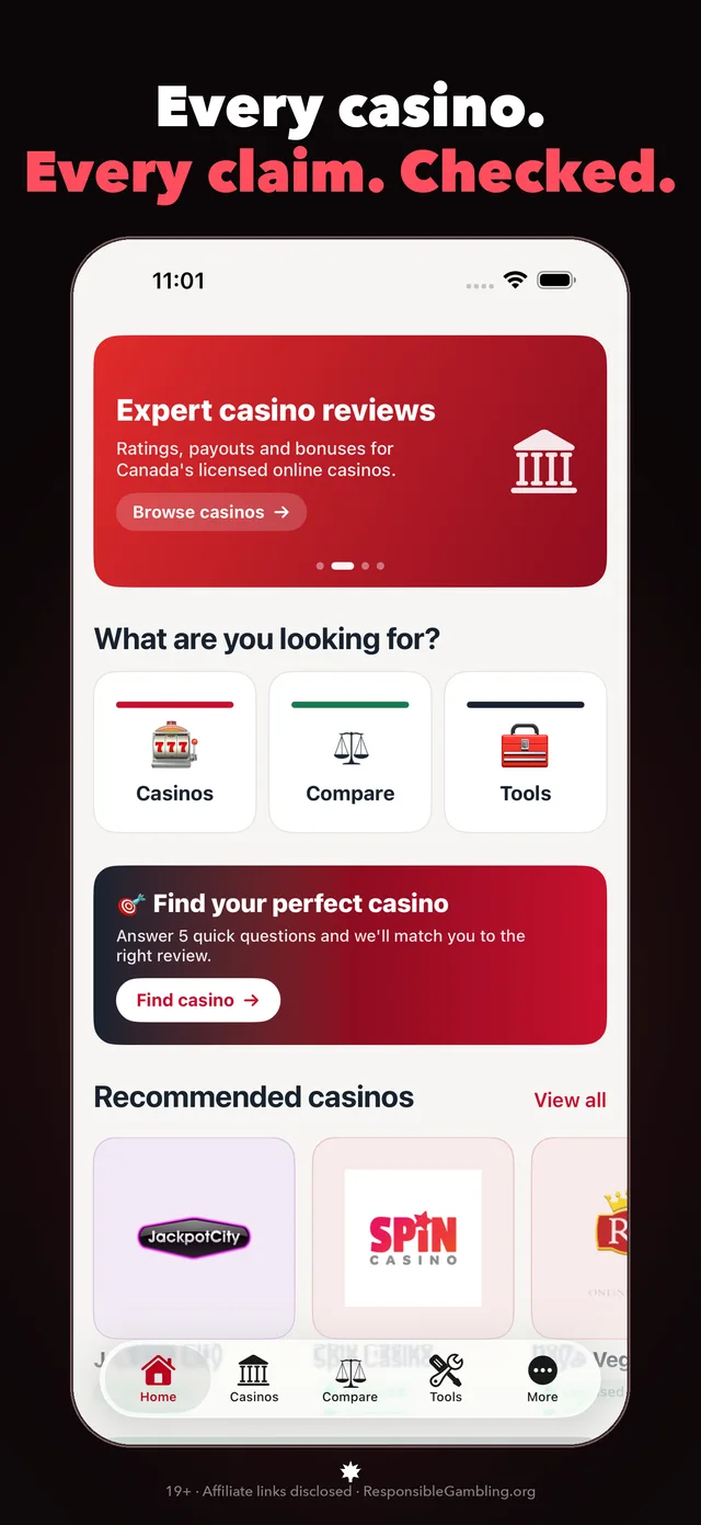 Casino Reviews: Canada Guide App Store screenshot showing the home screen and recommended casinos.