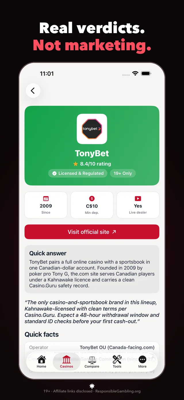 Casino Reviews: Canada Guide App Store screenshot showing a full operator review with quick facts.