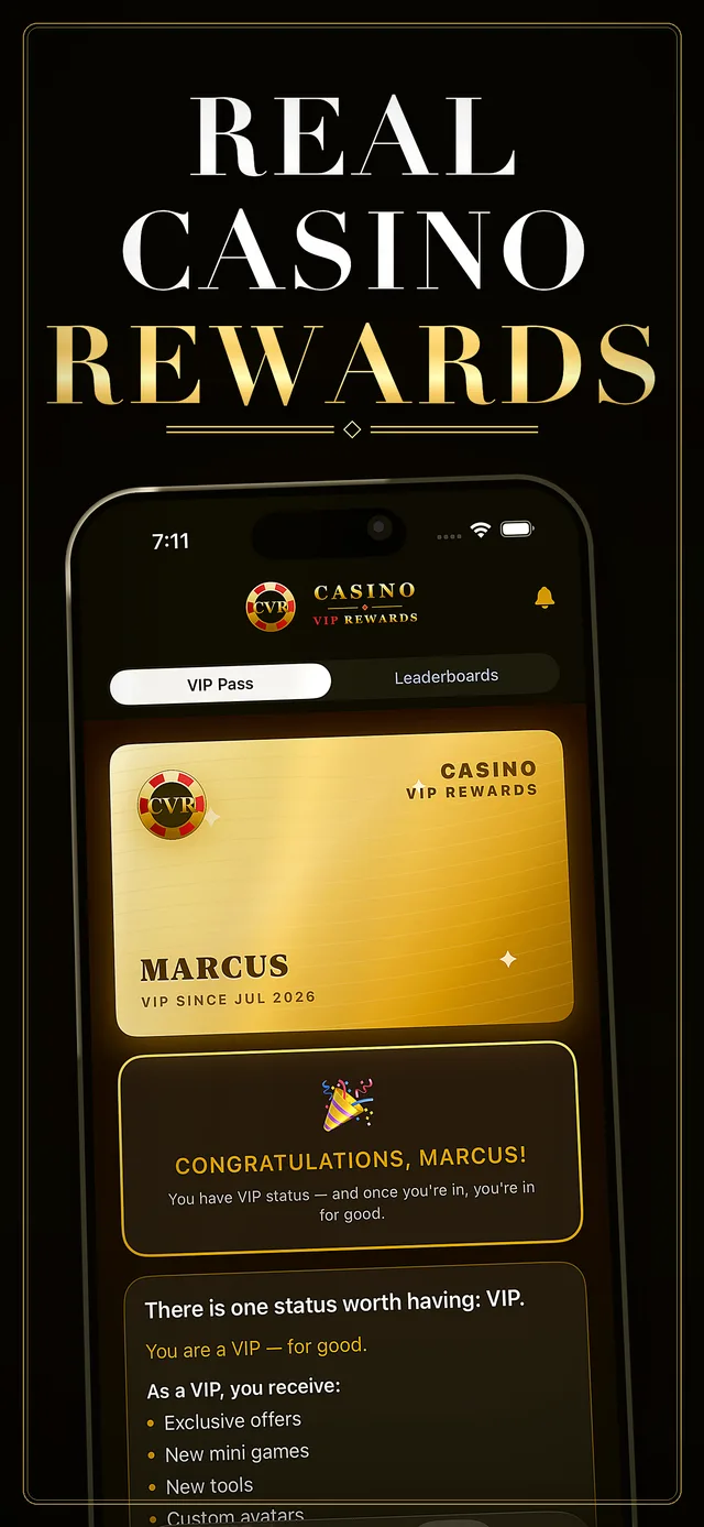 Casino VIP Rewards App Store screenshot showing a member VIP pass card and status.