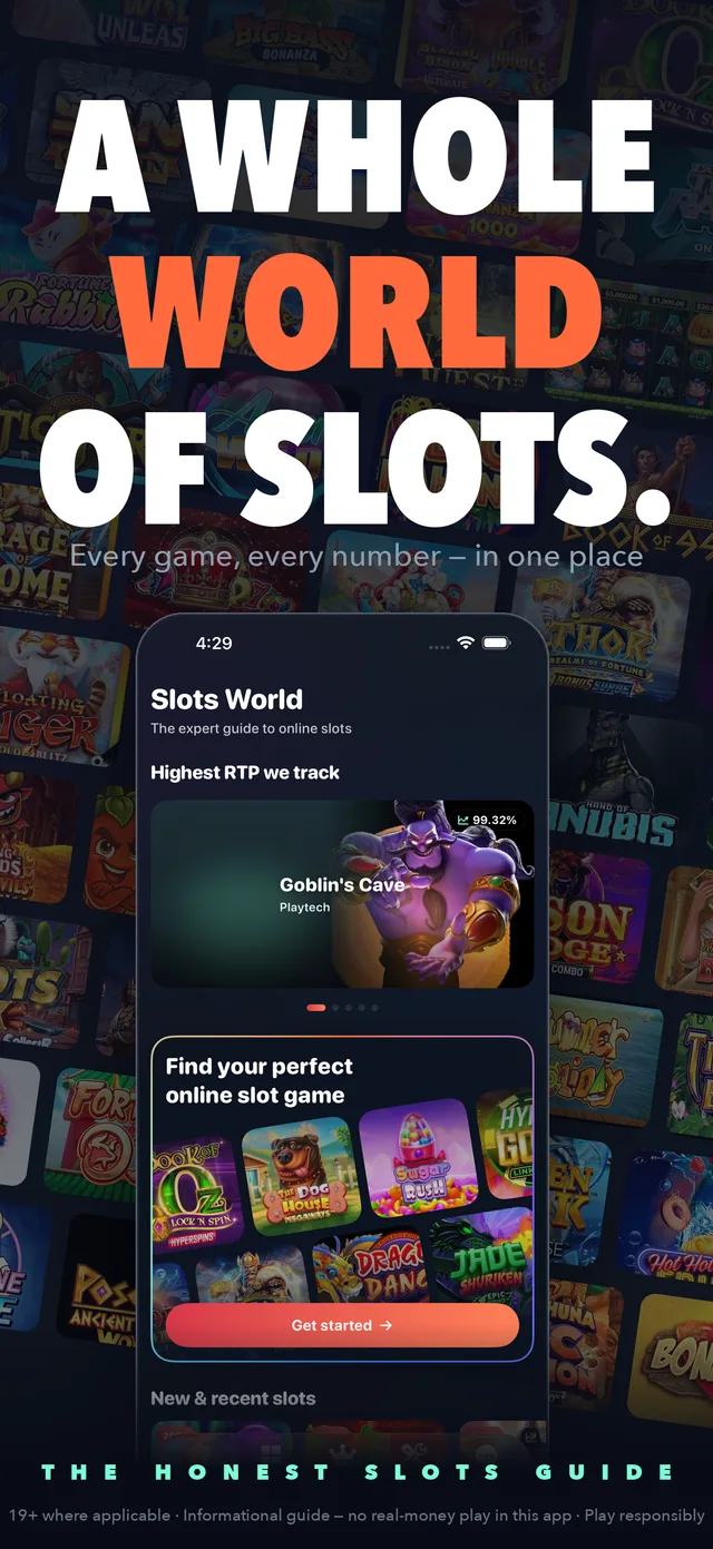 Slots World App Store screenshot showing the slot library home screen.