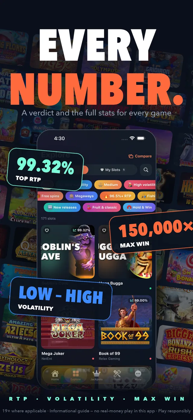 Slots World App Store screenshot showing return-to-player, volatility and max win figures for a slot.